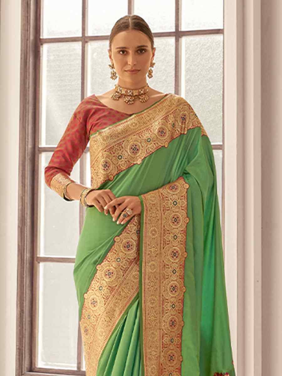 Light Green Satin Silk Handwoven Festival Wedding Heavy Border Saree