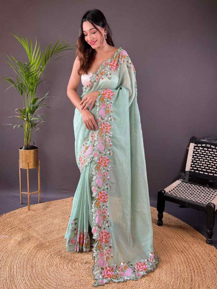 Light Green Soft Glossy Silk Embroidered Reception Party Heavy Border Saree