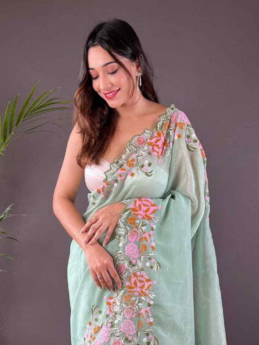 Light Green Soft Glossy Silk Embroidered Reception Party Heavy Border Saree