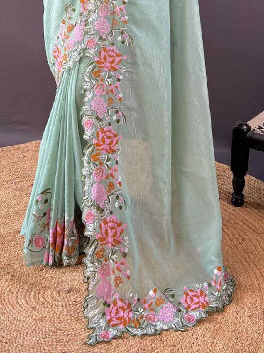 Light Green Soft Glossy Silk Embroidered Reception Party Heavy Border Saree