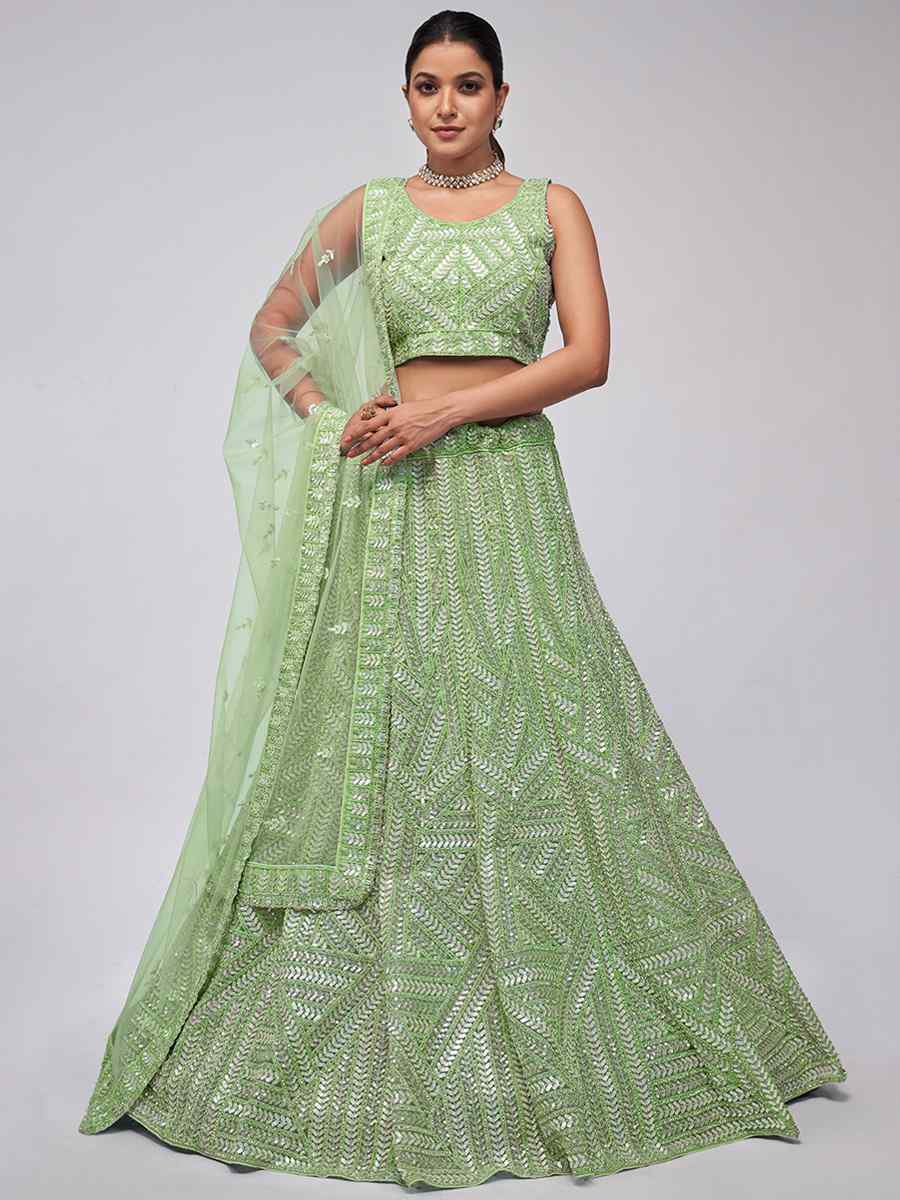 Light Green Soft Net Embroidery Bridesmaid Wedding Heavy Border Lehenga Choli