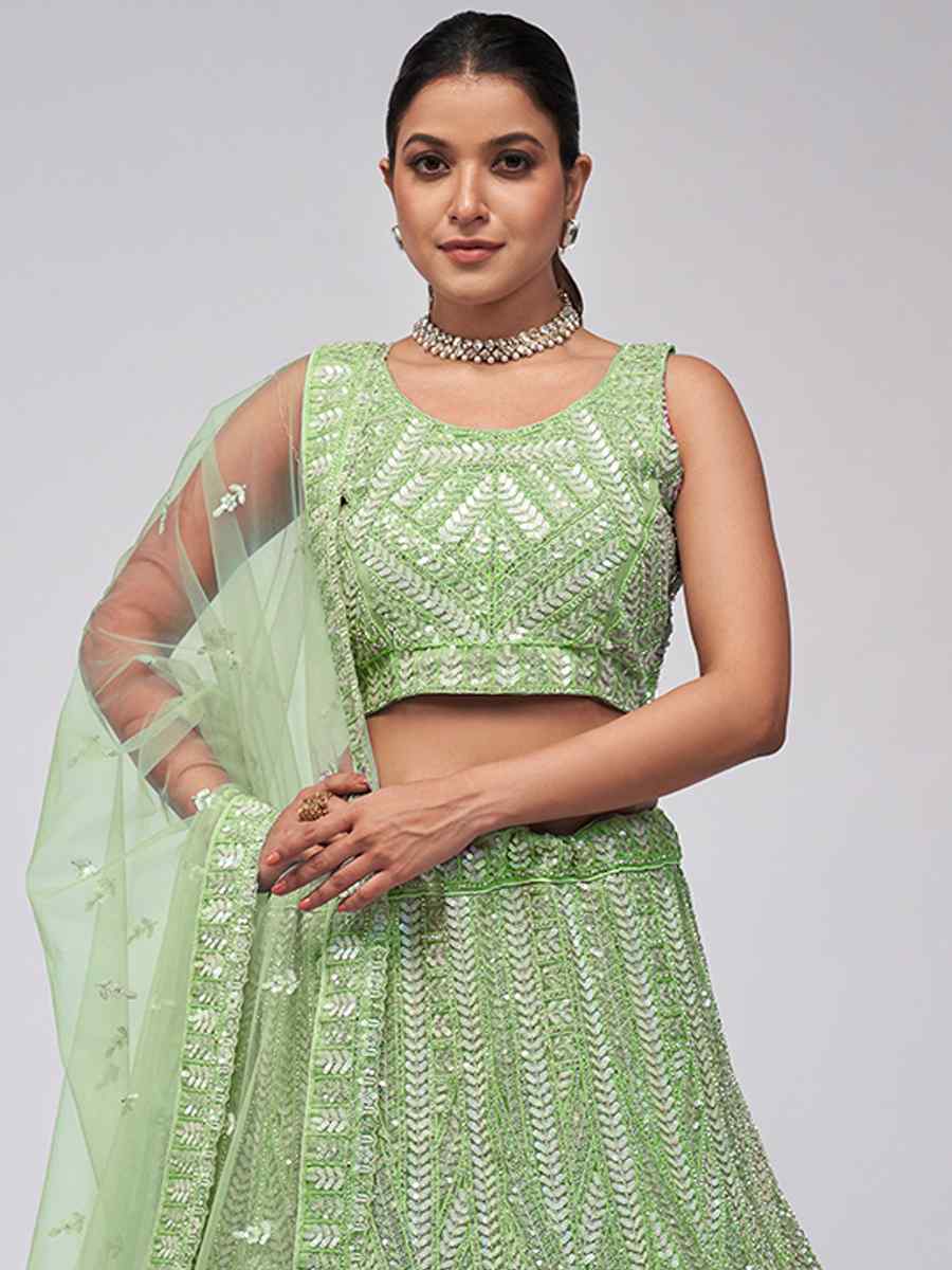 Light Green Soft Net Embroidery Bridesmaid Wedding Heavy Border Lehenga Choli