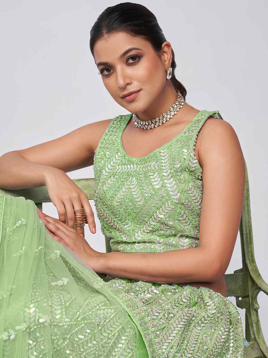 Light Green Soft Net Embroidery Bridesmaid Wedding Heavy Border Lehenga Choli