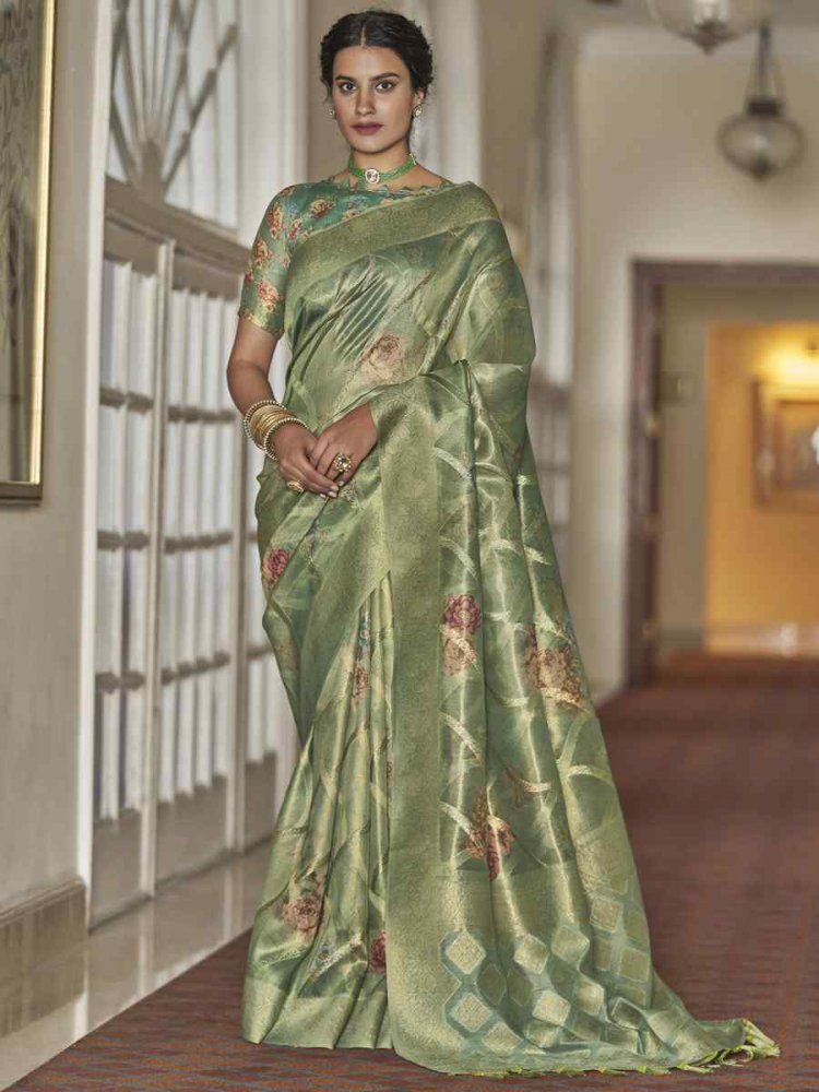 Light Green Tissue Organza Silk Handwoven Festival Wedding Heavy Border Saree