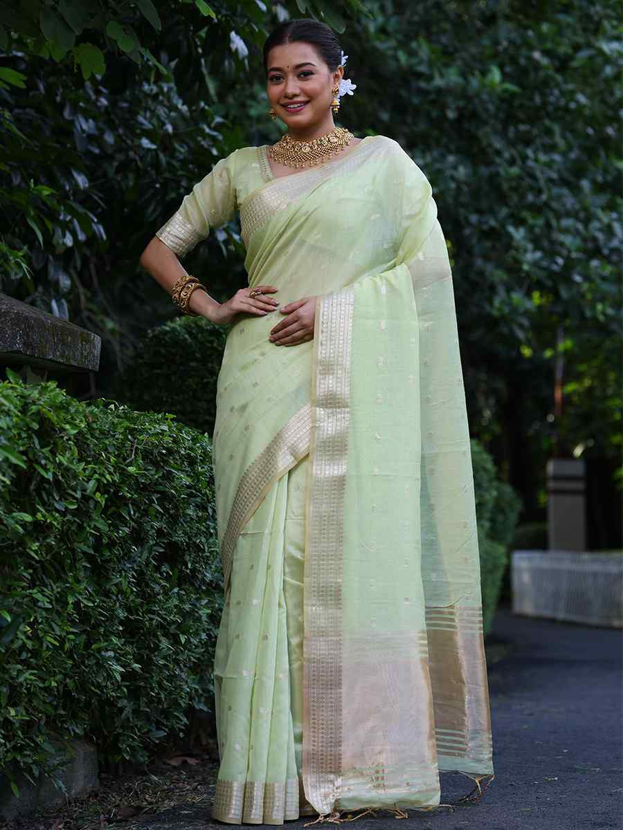 Light Green Tissue Silk Handwoven Festival Wedding Heavy Border Saree