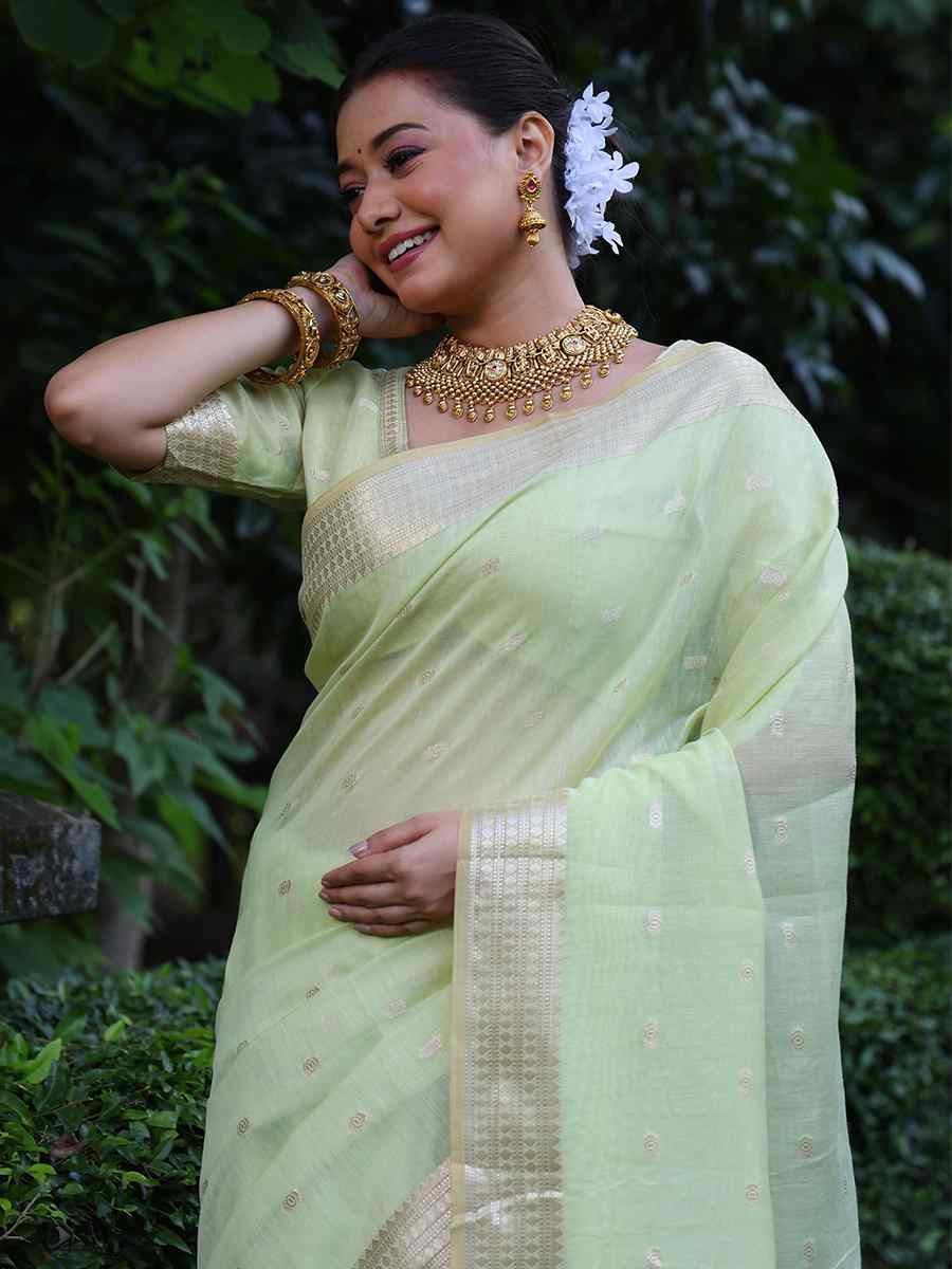 Light Green Tissue Silk Handwoven Festival Wedding Heavy Border Saree