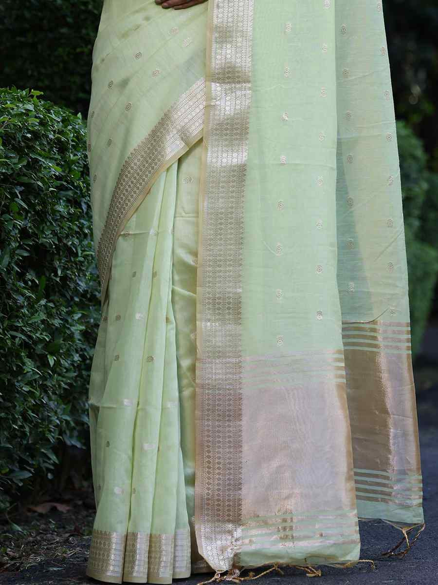 Light Green Tissue Silk Handwoven Festival Wedding Heavy Border Saree