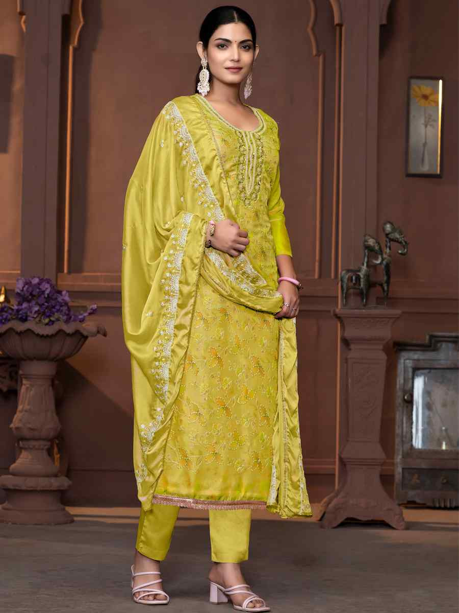 Light Green Viscose Organza Embroidered Casual Festival Pant Salwar Kameez