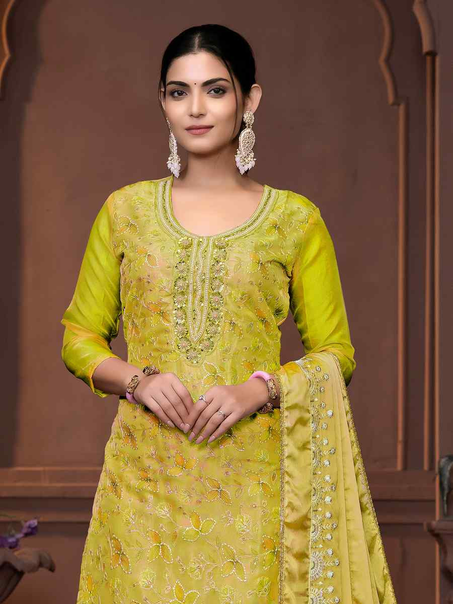 Light Green Viscose Organza Embroidered Casual Festival Pant Salwar Kameez