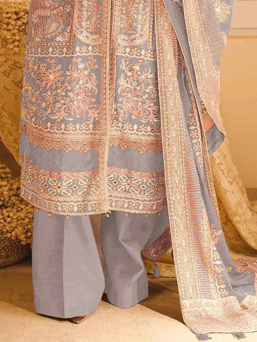 Light Grey Heavy Faux Georgette Embroidered Festival Wedding Pant Salwar Kameez