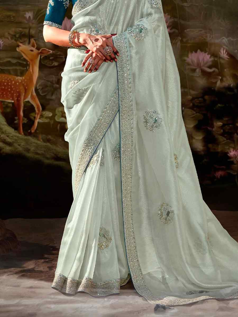 Light Grey Organza Chiffon Embroidered Reception Party Heavy Border Saree