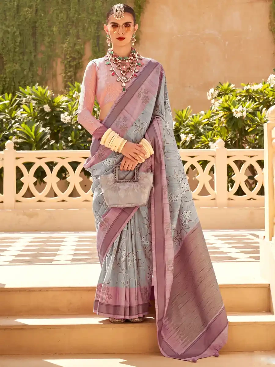 Light Grey Super Raw Silk Handwoven Festival Wedding Heavy Border Saree