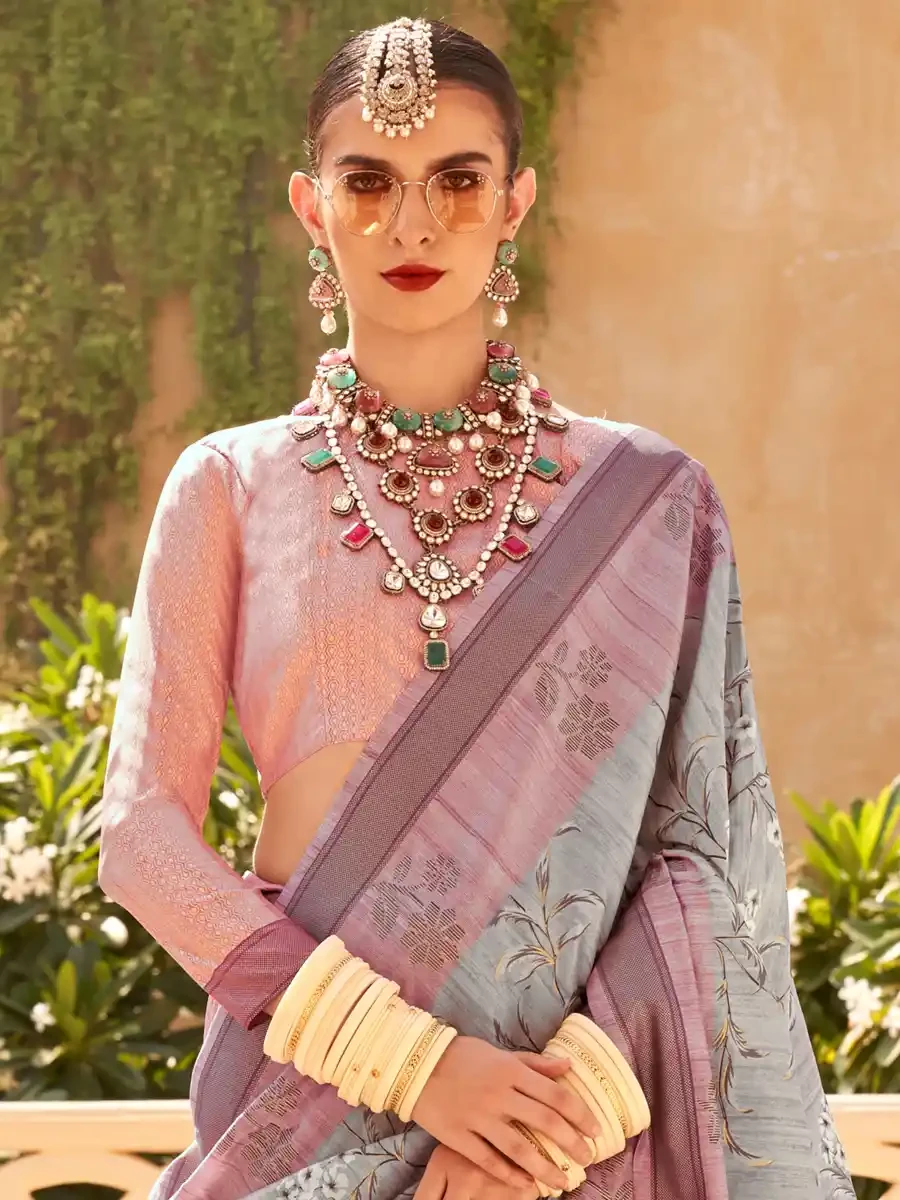 Light Grey Super Raw Silk Handwoven Festival Wedding Heavy Border Saree