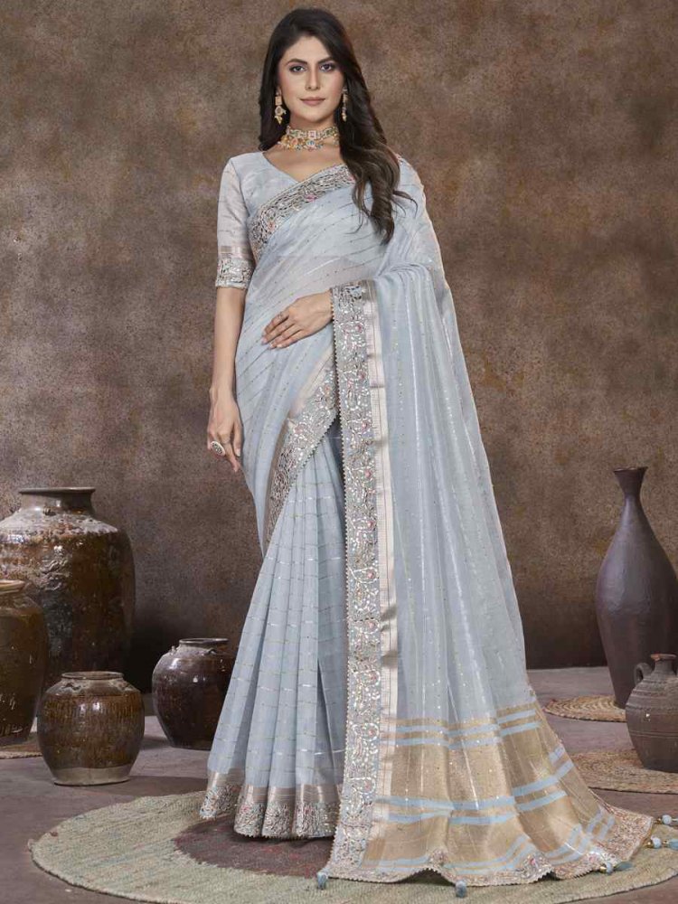 Light Grey Top Dyed Silk Embroidered Wedding Festival Heavy Border Saree