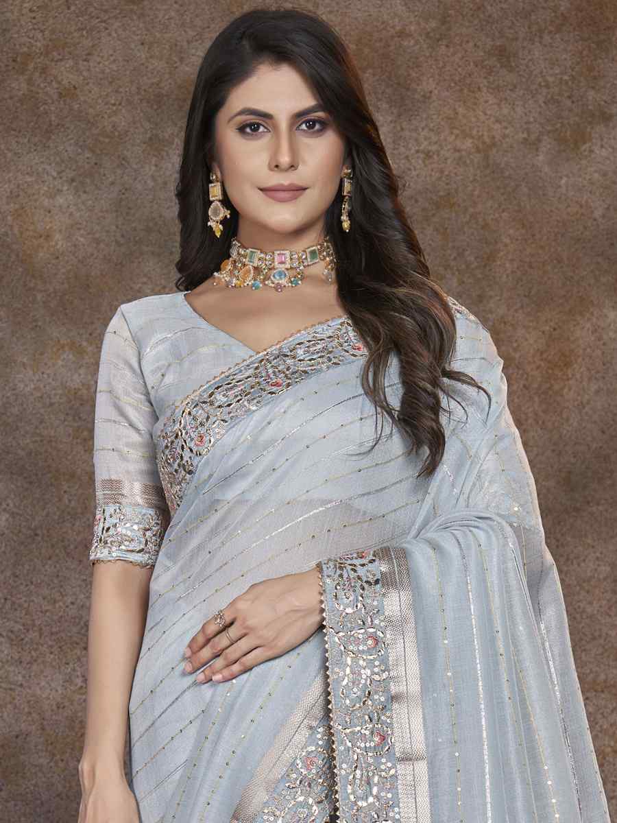 Light Grey Top Dyed Silk Embroidered Wedding Festival Heavy Border Saree