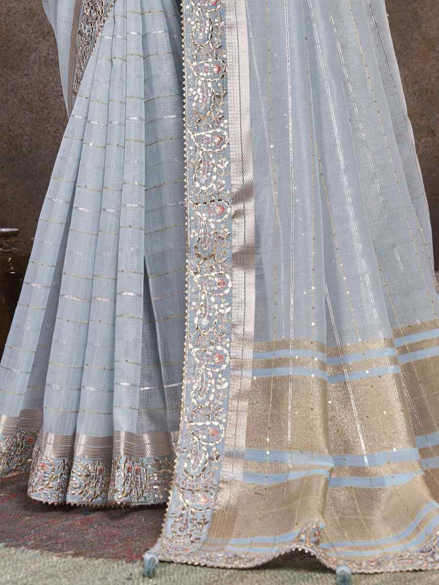 Light Grey Top Dyed Silk Embroidered Wedding Festival Heavy Border Saree