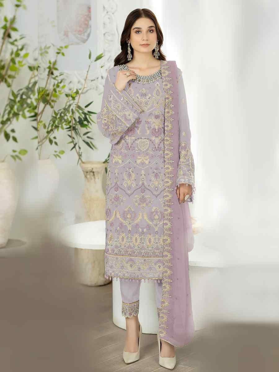 Light Lavender Heavy Faux Georgette Embroidered Festival Wedding Pant Salwar Kameez