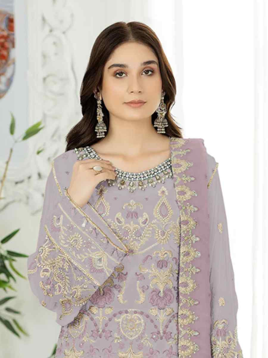 Light Lavender Heavy Faux Georgette Embroidered Festival Wedding Pant Salwar Kameez