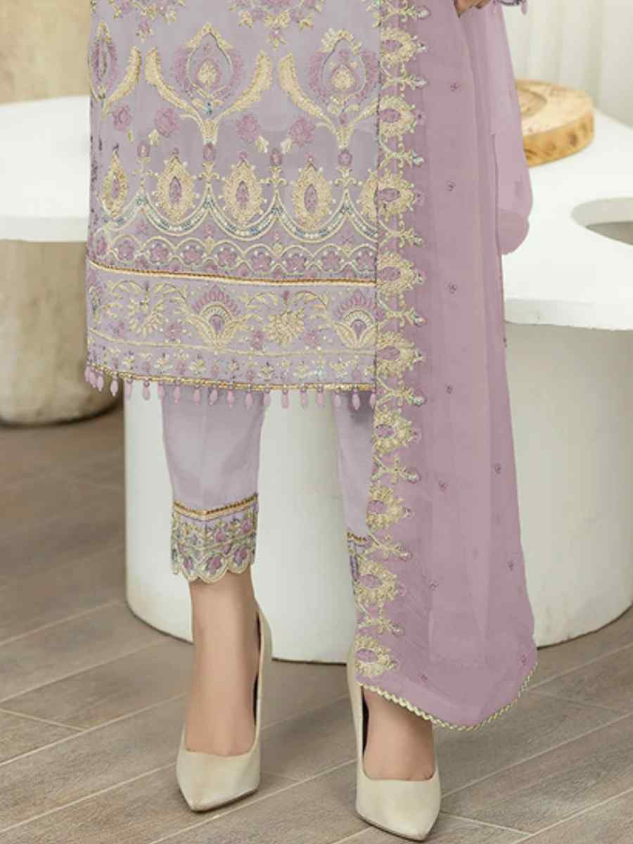 Light Lavender Heavy Faux Georgette Embroidered Festival Wedding Pant Salwar Kameez