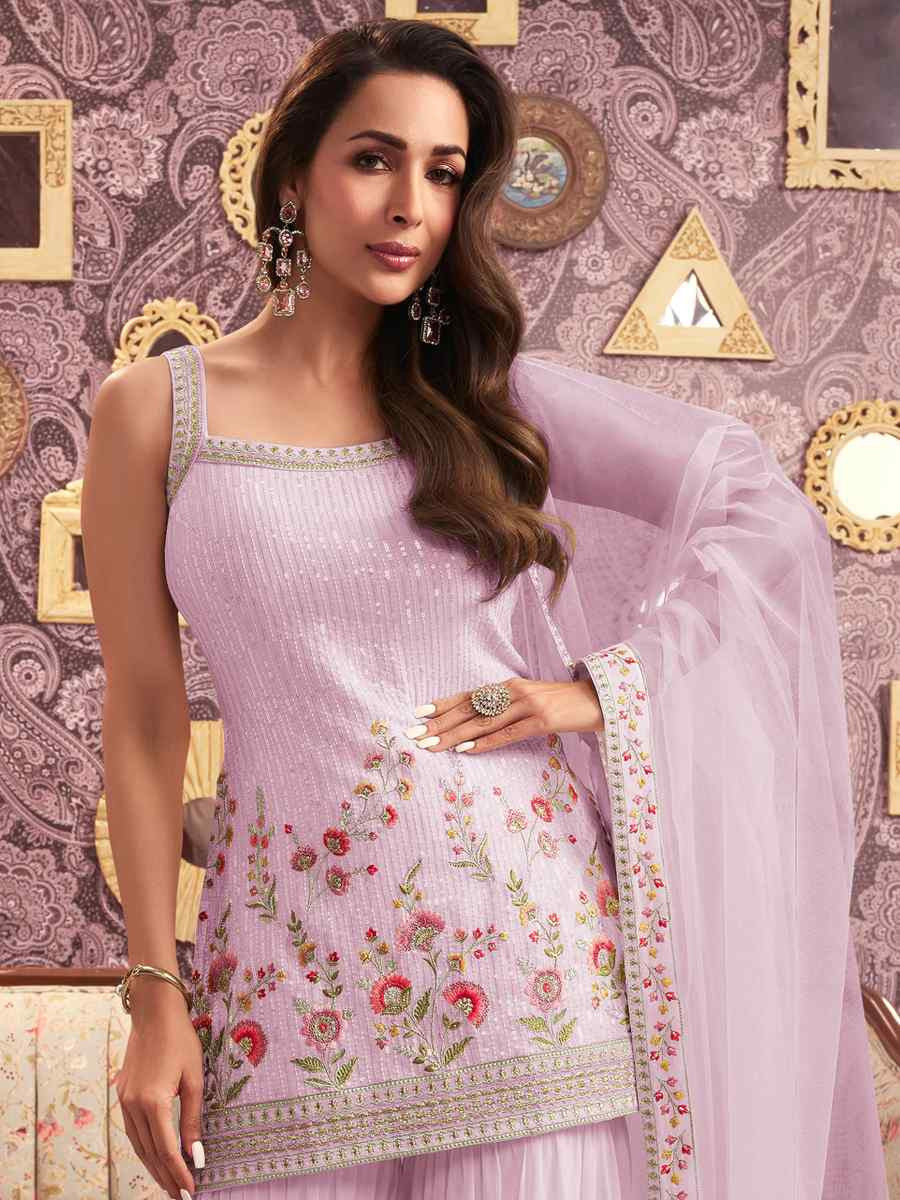 Light Lavender Heavy Faux Georgette Embroidered Festival Wedding Sharara Pant Salwar Kameez