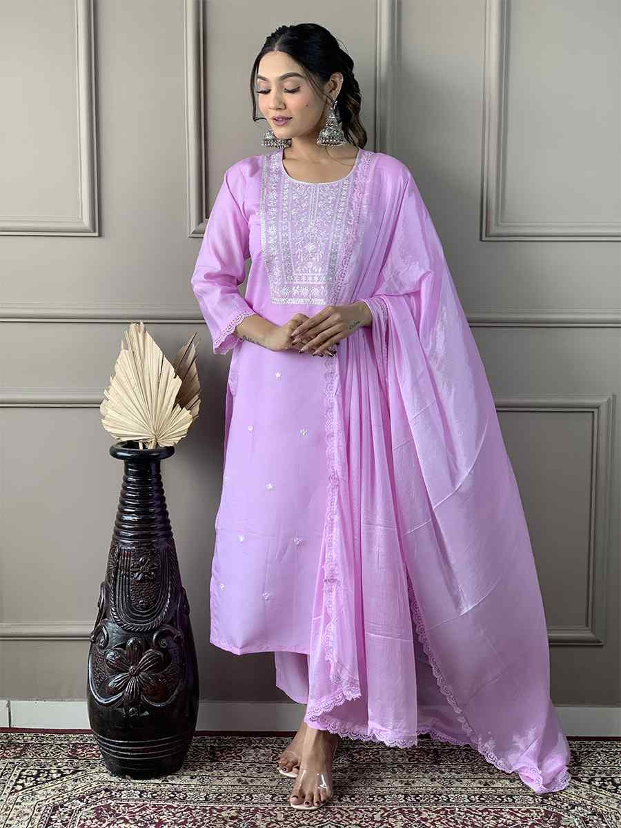 Light Lavender Viscose Chanderi Silk Embroidered Festival Casual Ready Pant Salwar Kameez