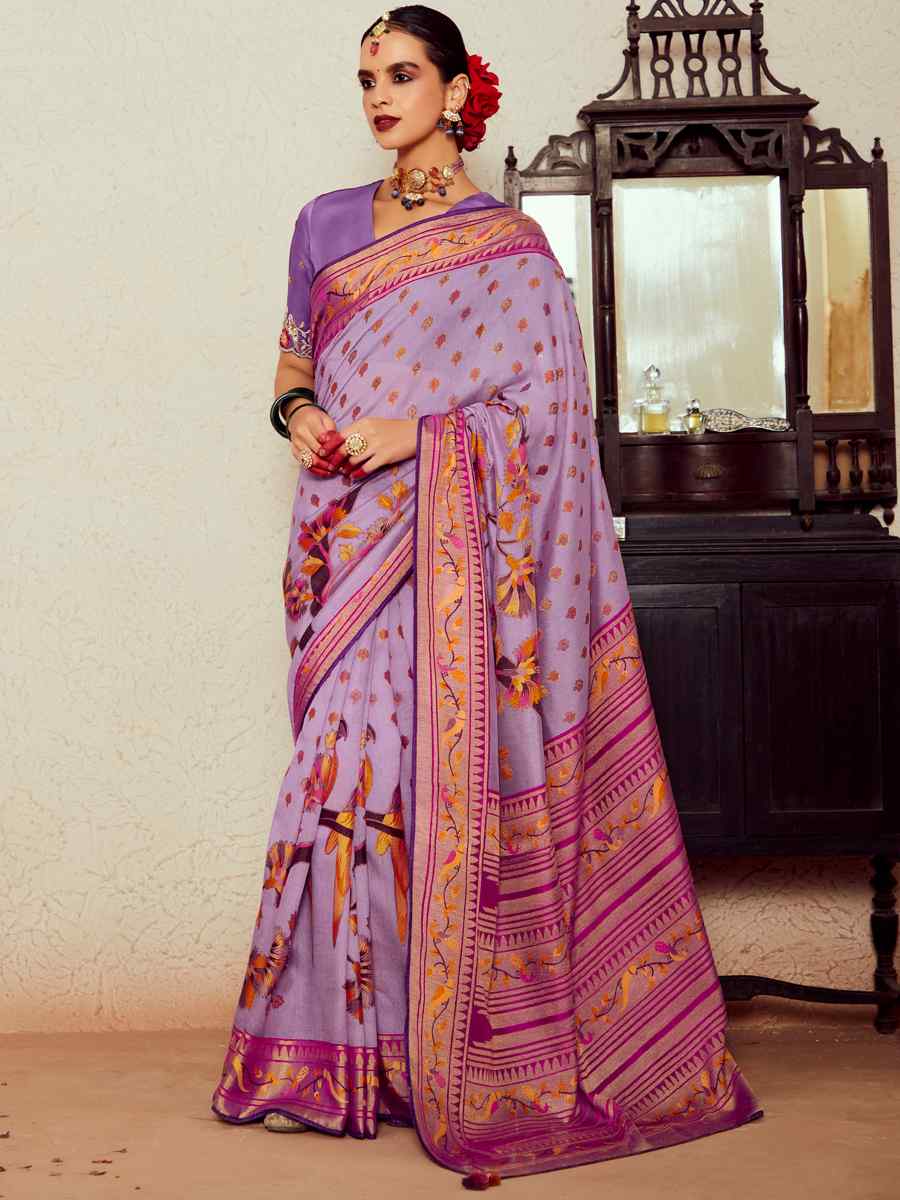 Light Levender Soft Brasso Embroidered Festival Wedding Heavy Border Saree