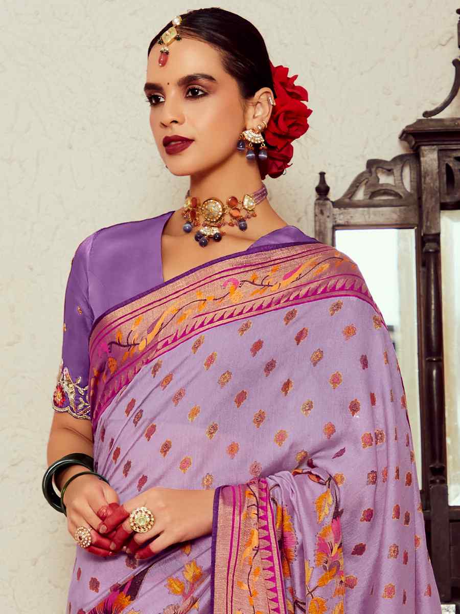 Light Levender Soft Brasso Embroidered Festival Wedding Heavy Border Saree