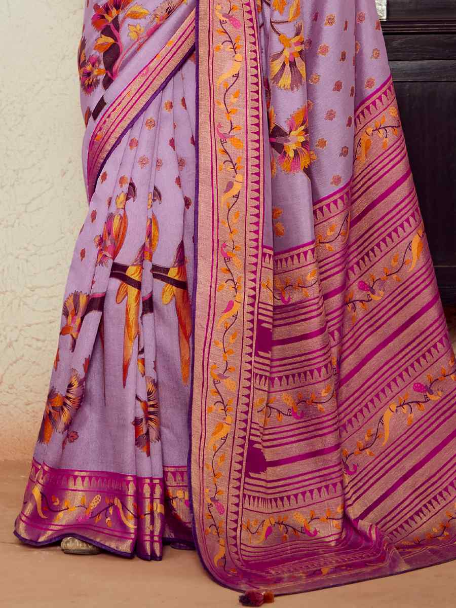 Light Levender Soft Brasso Embroidered Festival Wedding Heavy Border Saree