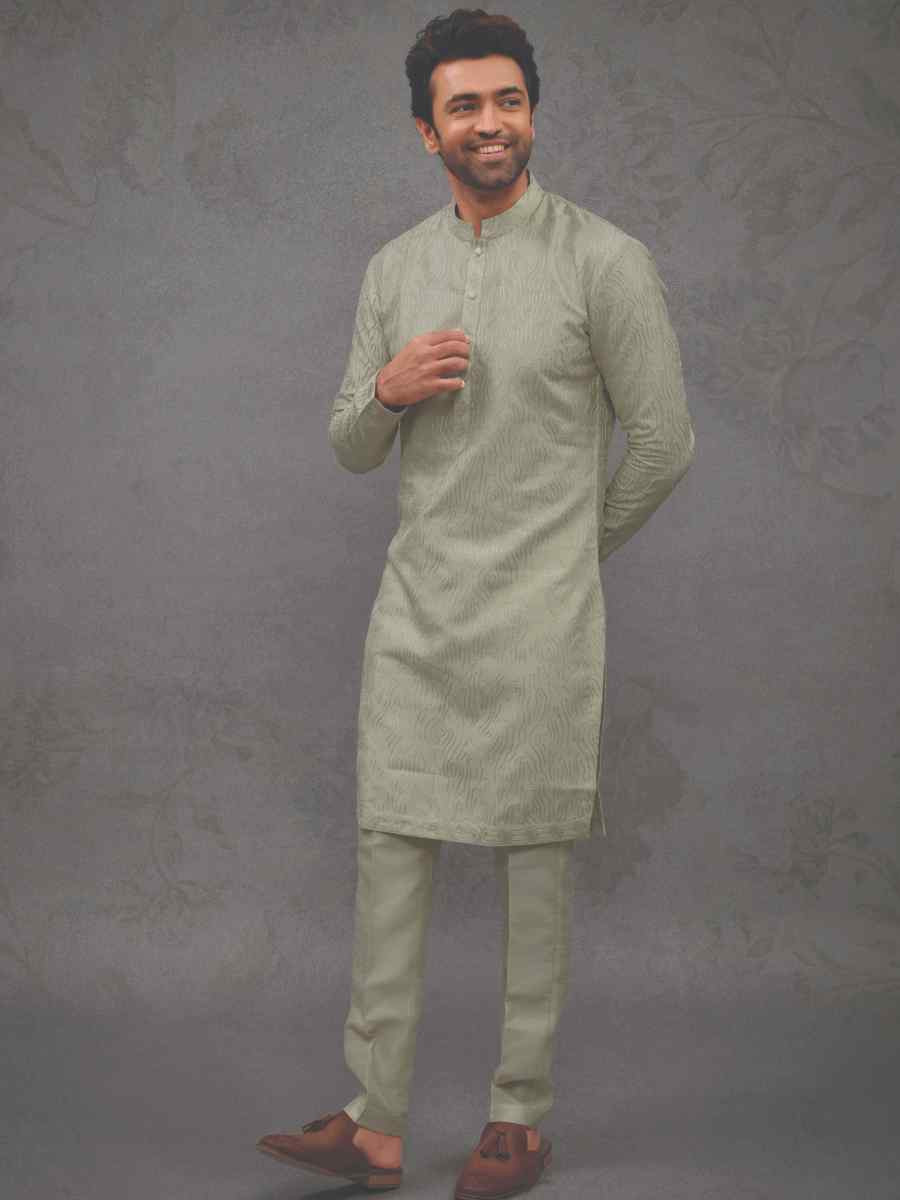 Light Mehendi Silk Woven Party Wedding Kurta