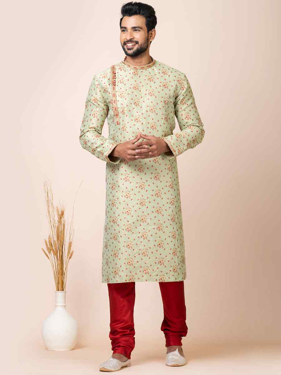 Light Mint Jacquard Silk Woven Festival Mehendi Kurta