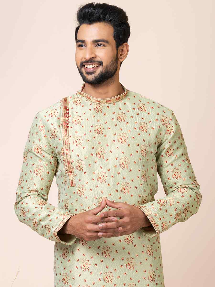 Light Mint Jacquard Silk Woven Festival Mehendi Kurta