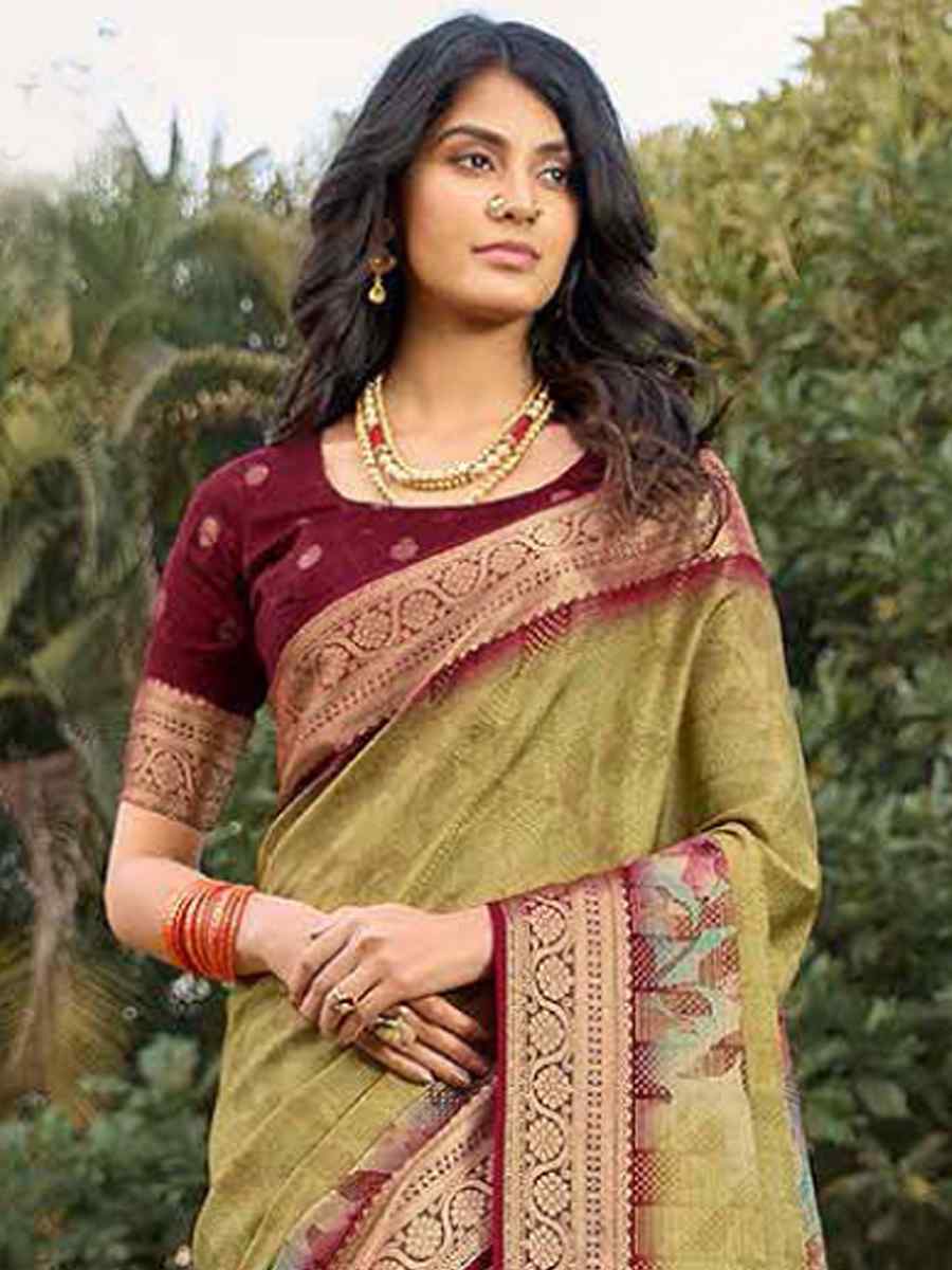 Light Olive Silk Handwoven Festival Wedding Heavy Border Saree