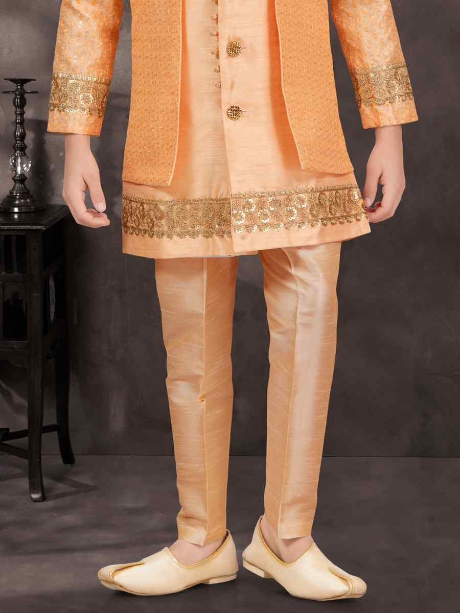 Light Orange Banarasi Silk Embroidered Festival Wedding Kurta Pyjama Boys Wear