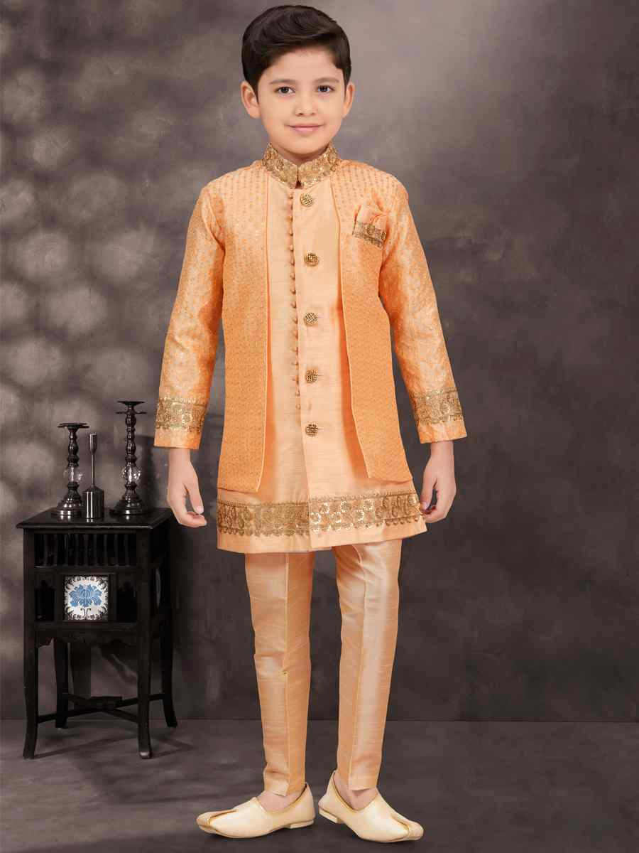 Light Orange Banarasi Silk Embroidered Festival Wedding Kurta Pyjama Boys Wear