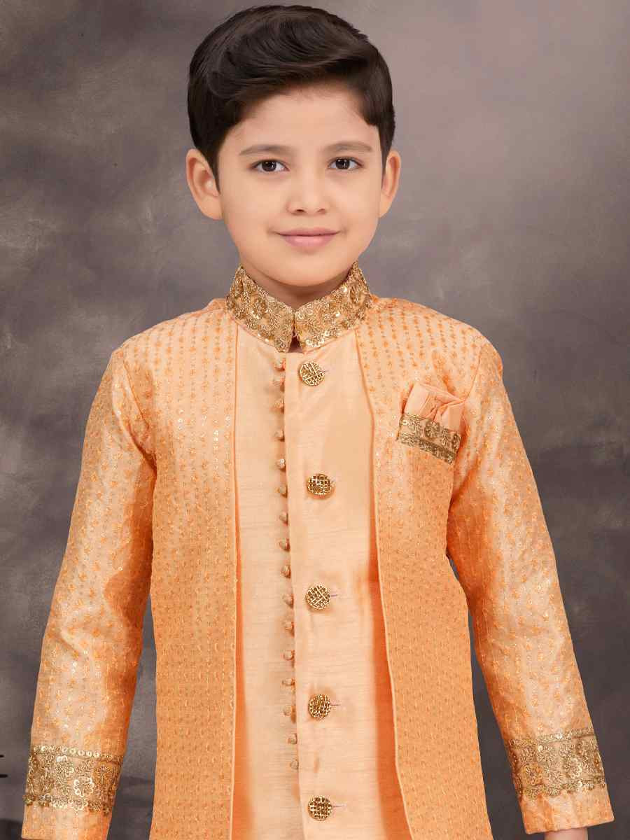 Light Orange Banarasi Silk Embroidered Festival Wedding Kurta Pyjama Boys Wear