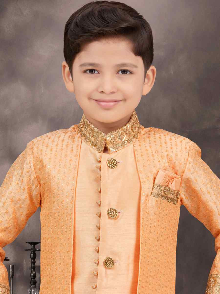 Light Orange Banarasi Silk Embroidered Festival Wedding Kurta Pyjama Boys Wear