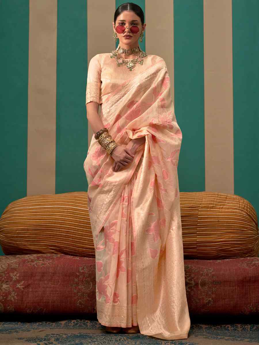 Light Peach Handloom Linen Handwoven Festival Casual Heavy Border Saree