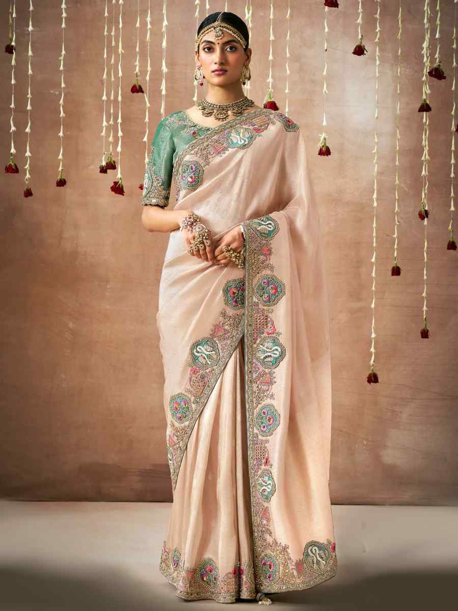 Light Peach Organza Silk Embroidered Reception Wedding Heavy Border Saree