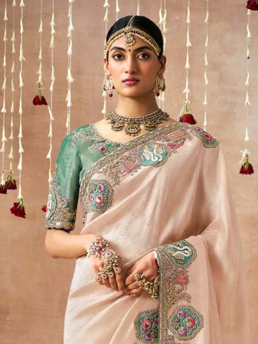 Light Peach Organza Silk Embroidered Reception Wedding Heavy Border Saree