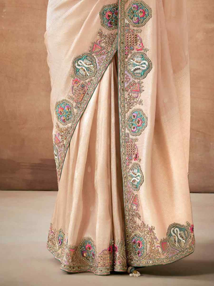 Light Peach Organza Silk Embroidered Reception Wedding Heavy Border Saree