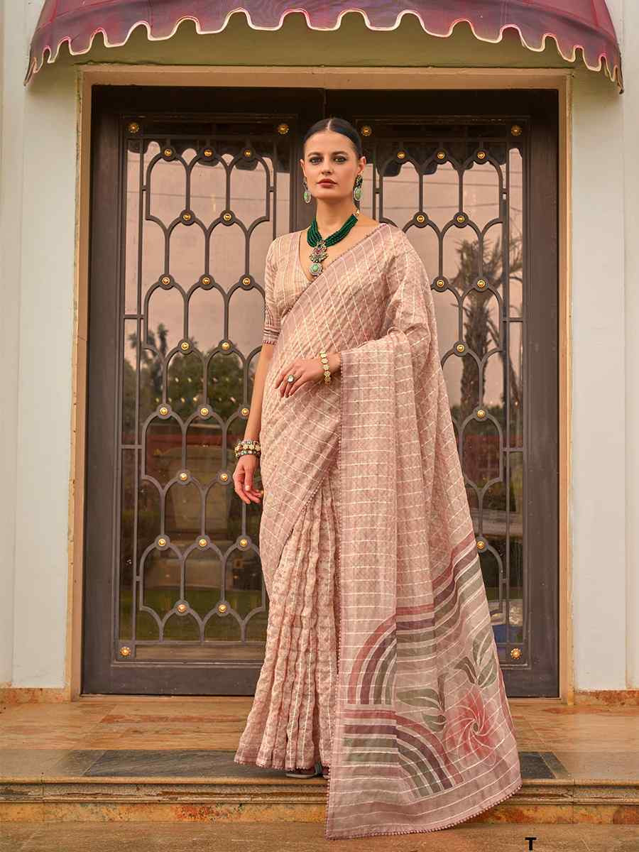 Light Peach Tissue Silk Printed Festival Casual Contemporary Saree