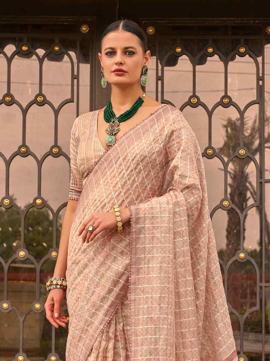 Light Peach Tissue Silk Printed Festival Casual Contemporary Saree