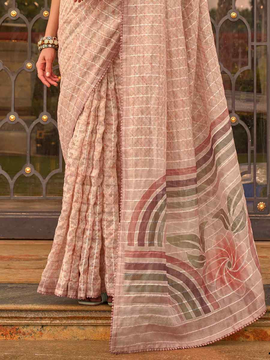 Light Peach Tissue Silk Printed Festival Casual Contemporary Saree