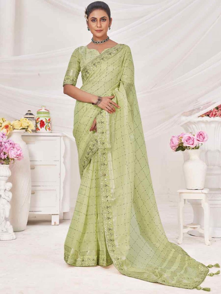 Light Perrot Green Banarasi Zari Silk Embroidered Wedding Festival Heavy Border Saree