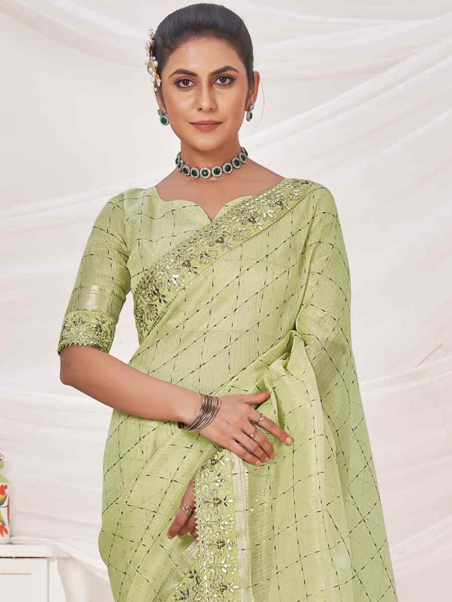 Light Perrot Green Banarasi Zari Silk Embroidered Wedding Festival Heavy Border Saree