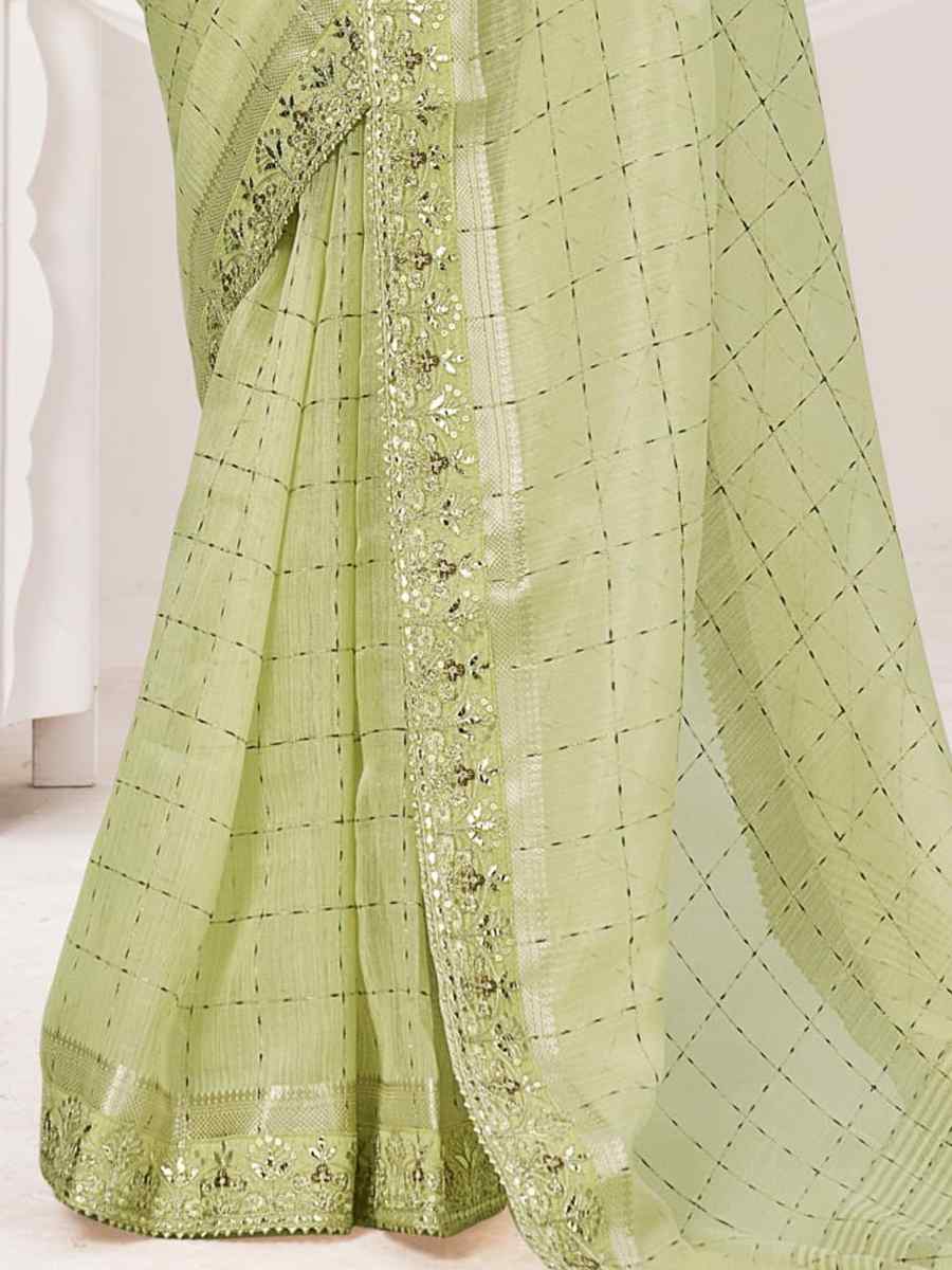 Light Perrot Green Banarasi Zari Silk Embroidered Wedding Festival Heavy Border Saree