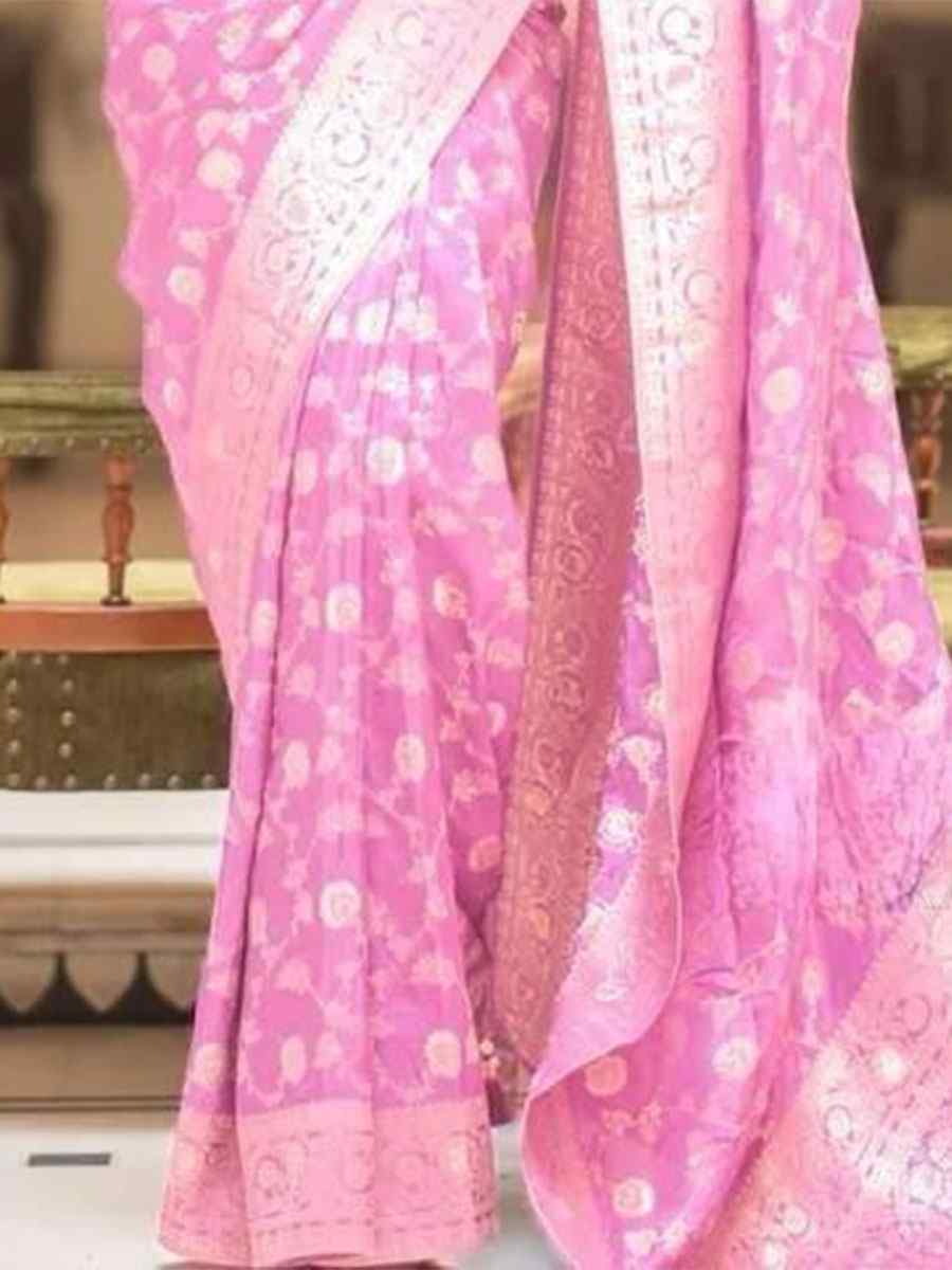 Light Pink Banarasi Soft Silk Handwoven Wedding Festival Heavy Border Saree