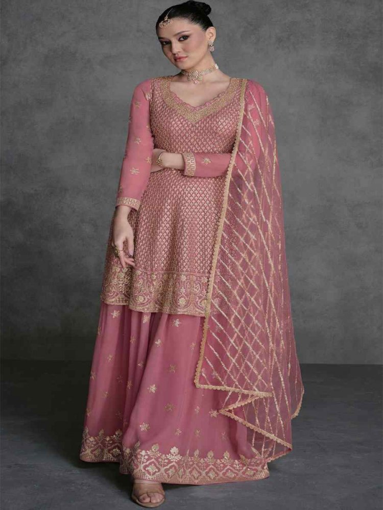 Light Pink Georgette Embroidered Festival Wedding Sharara Pant Salwar Kameez
