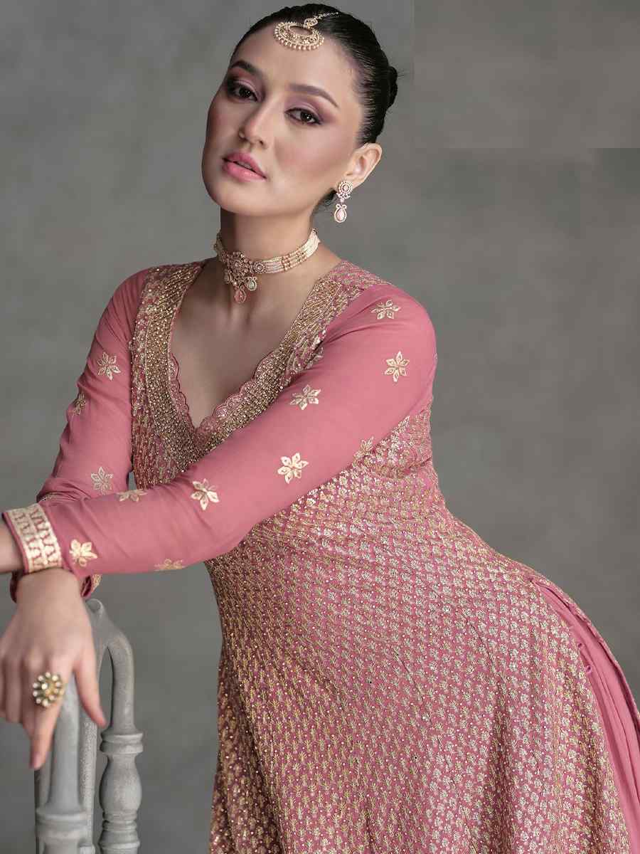 Light Pink Georgette Embroidered Festival Wedding Sharara Pant Salwar Kameez