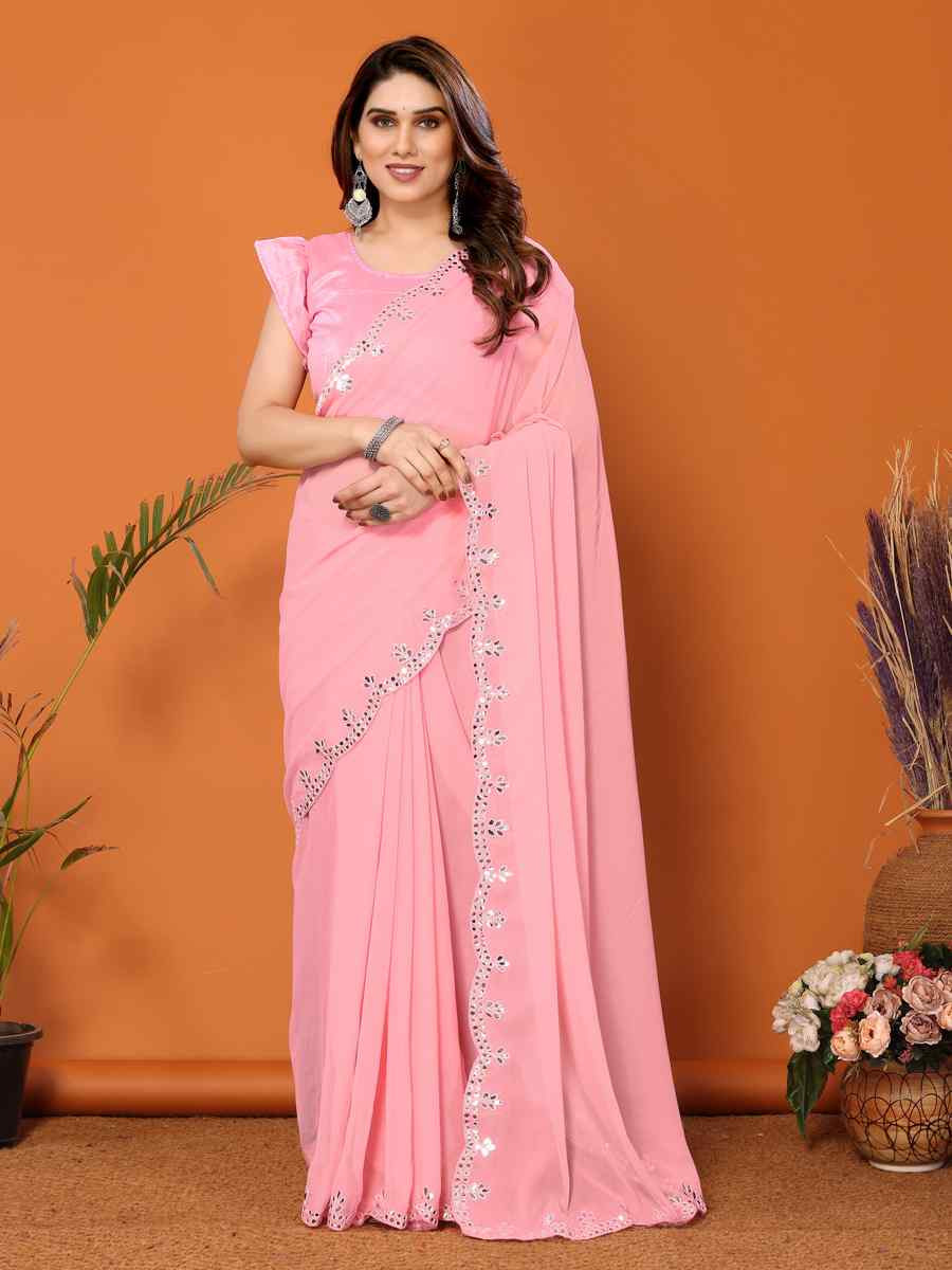 Light Pink Georgette Handwoven Festival Wedding Heavy Border Saree